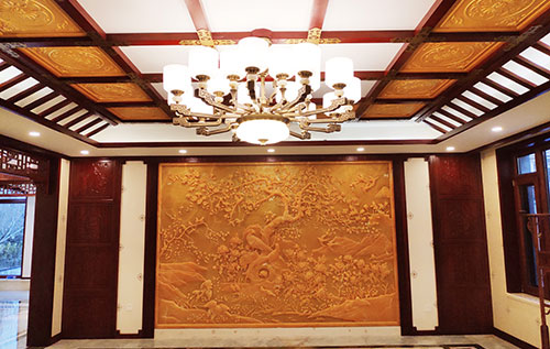 桐梓中式别墅客厅中式木作横梁吊顶装饰展示